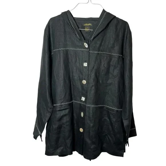 VTG Mureli Collection Women’s M Black Linen Hooded Lagenlook Artsy Jacket Art - Picture 1 of 14